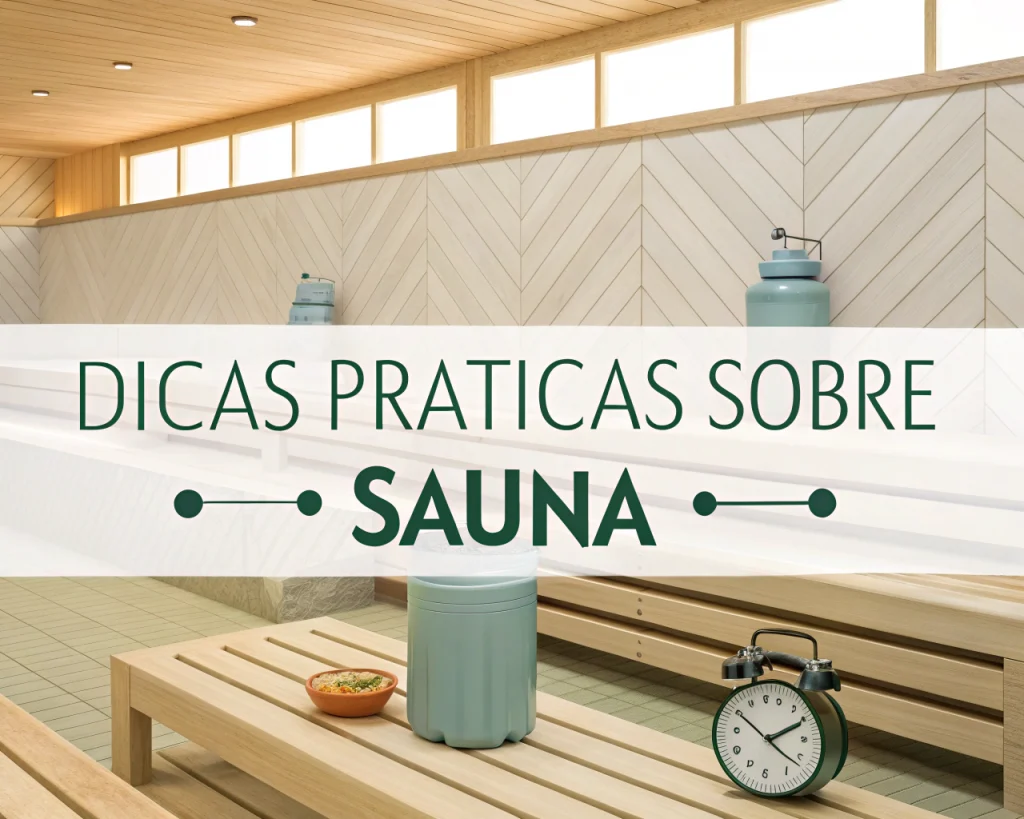 Uma sala de sauna com painéis de madeira clara, bancos e uma pequena mesa que sustenta um relógio, um termo verde e uma tigela. Texto sobreposto: "Dicas práticas sobre sauna e recomendações para uma sauna segura. Uma sala de sauna com painéis de madeira clara, bancos e uma pequena mesa que sustenta um relógio, um termo verde e uma tigela. Texto sobreposto: "Dicas práticas sobre sauna e recomendações para uma sauna segura.