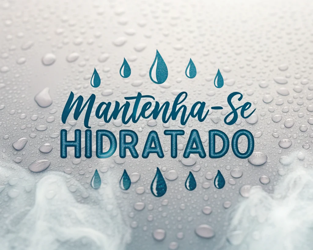 O texto diz: "Mantenha-se hidratado" com gotículas de água azuis sobre uma superfície úmida, oferecendo dicas de sauna para uma experiência segura e revitalizante na sauna. O texto diz: "Mantenha-se hidratado" com gotículas de água azuis sobre uma superfície úmida, oferecendo dicas de sauna para uma experiência segura e revitalizante na sauna.
