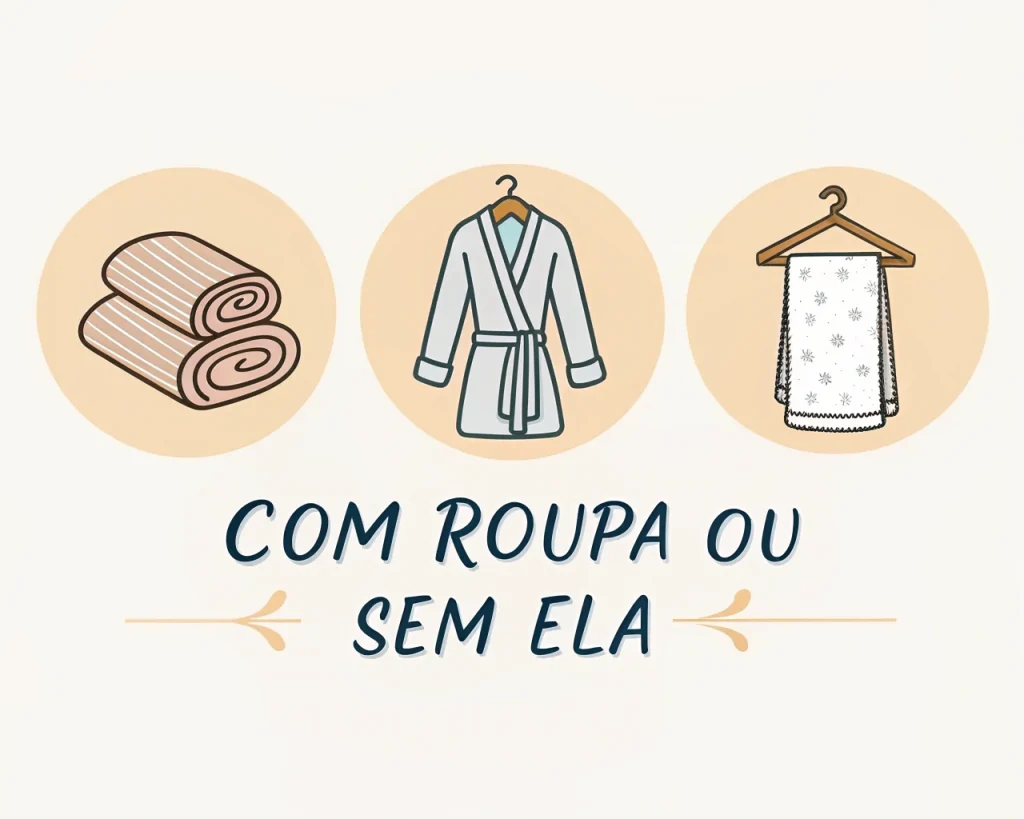 Ilustração de toalhas, um roupão e uma toalha coberta com o texto "Com roupa ou sem ela." A incorporação de dicas de sauna acrescenta um elemento de praticidade a esta cena acolhedora. Ilustração de toalhas, um roupão e uma toalha coberta com o texto "Com roupa ou sem ela." A incorporação de dicas de sauna acrescenta um elemento de praticidade a esta cena acolhedora.