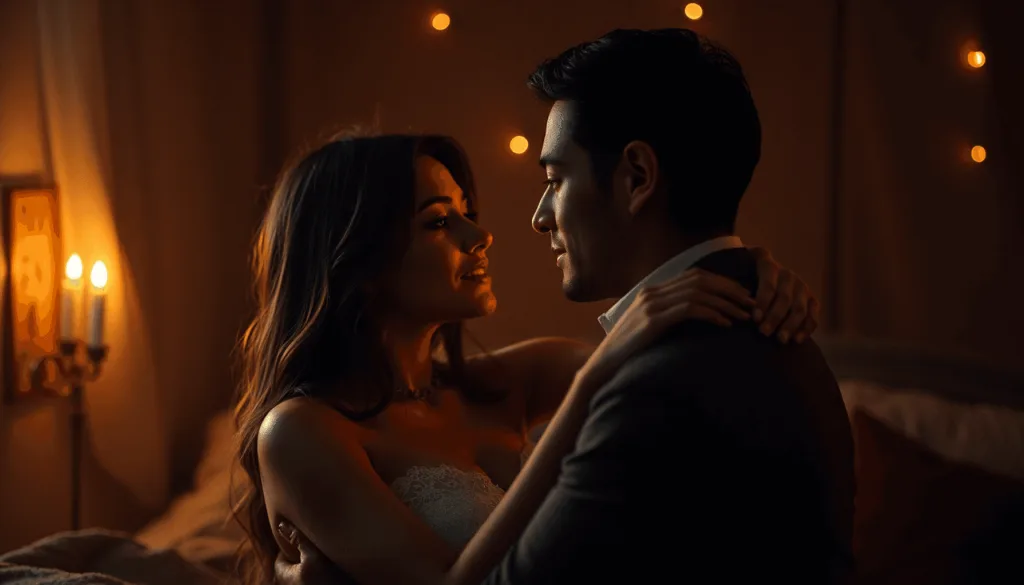 Um casal em traje formal abraça-se de forma íntima, explorando sua sensualidade em meio a uma iluminação ambiente cálida e à suave luz das velas.