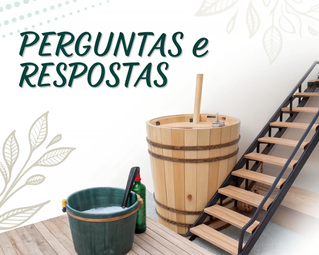 ma banheira de madeira, um balde com materiais de limpeza e uma escadaria composta pelo cenário. O texto diz "Perguntas e Respostas." Ilustrações de decor folhasam o fundo, fornecendo dicas de sauna para quem busca uma experiência serena. Uma banheira de madeira, um balde com materiais de limpeza e uma escadaria composta pelo cenário. O texto diz "Perguntas e Respostas." Ilustrações de decor folhasam o fundo, fornecendo dicas de sauna para quem busca uma experiência serena.