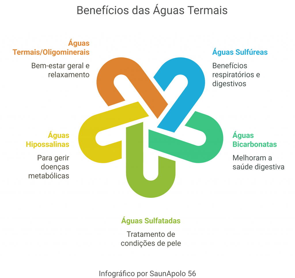 circuitos de águas em spas Infográfico sobre os benefícios das águas termais: efeitos calmantes, melhorias na saúde respiratória, metabólica, digestiva e da pele. Apresenta seções coloridas para cada tipo e destaca os vários "tipos de águas em SPA" que trazem para estes efeitos rejuvenescimento.