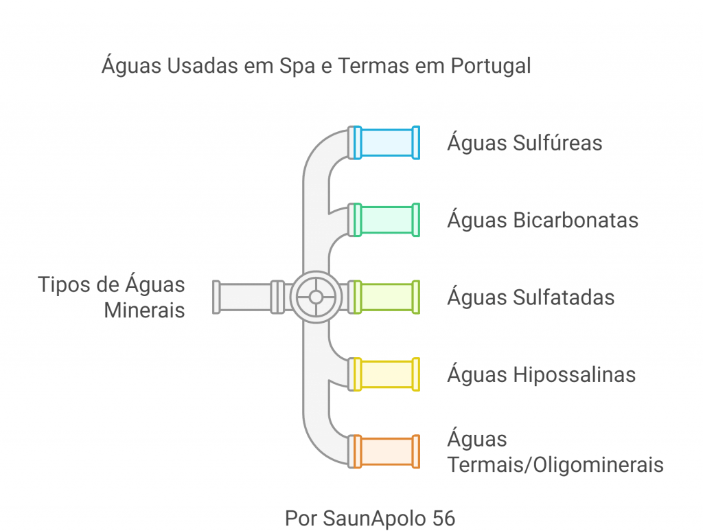 águas usadas em termas e Spas em Portugal Diagrama dos tipos de águas em SPA em Portugal: sulfurosas, bicarbonatadas, sulfatadas, hiposalinas, termais/oligominerais. Cada tipo é codificado por núcleos e interligado por um sistema de tubagens.