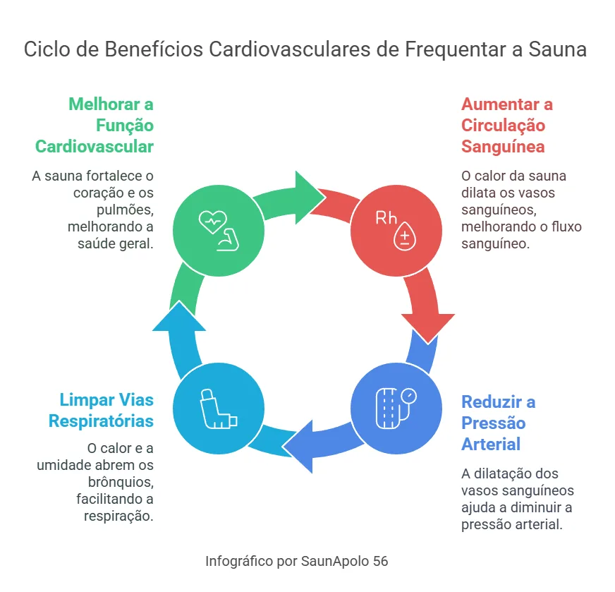 Infográfico ilustrando os benefícios do uso da sauna para a vitalidade cardiovascular e sexual: melhora da função cardíaca, aumento da circulação, redução da pressão arterial e desobstrução das vias respiratórias, tudo representado num fluxograma circular.