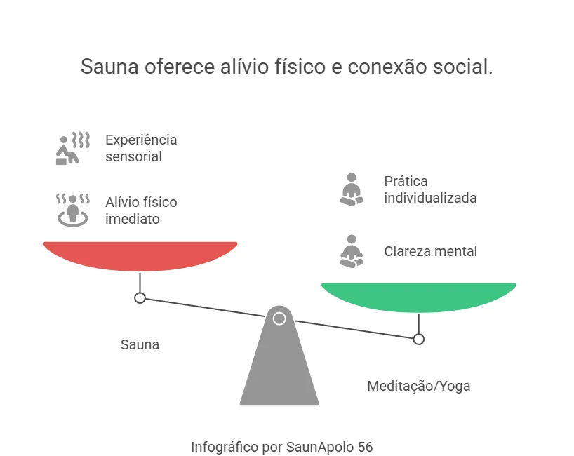 Infográfico comparando sauna e meditação/yoga: - Sauna oferece interrupção física, experiência sensorial e pode contribuir para a vitalidade sexual. - Meditação fornece prática individualizada e clara mental.