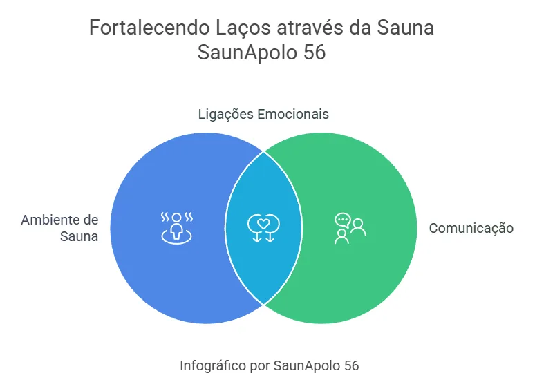 Diagrama de Venn intitulado "Fortalecendo Laços através da Sauna SaunApolo 56" ilustra "Ambiente de Sauna" e "Comunicação", com a sobreposição de "Ligações Emocionais", enfatizando como as saunas promovem vitalidade sexual e conexões profundas.