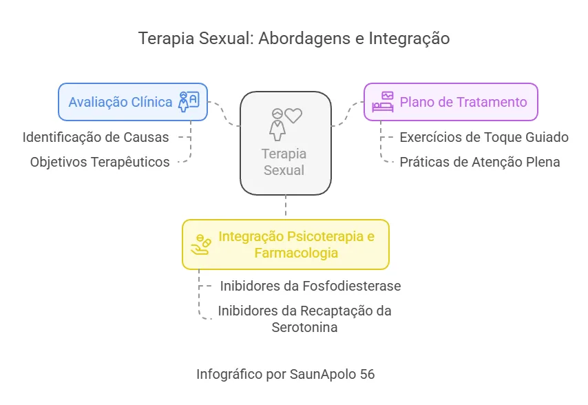 Fluxograma ilustrando a integração da terapia sexual, incluindo avaliação clínica, planejamento do tratamento e combinação da psicoterapia com a farmacologia.