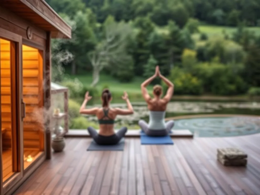 Duas pessoas praticam ioga num deque de madeira com vista para um lago e árvores, situando uma pequena sauna nas proximidades, o que aumenta o relaxamento e a vitalidade sexual.