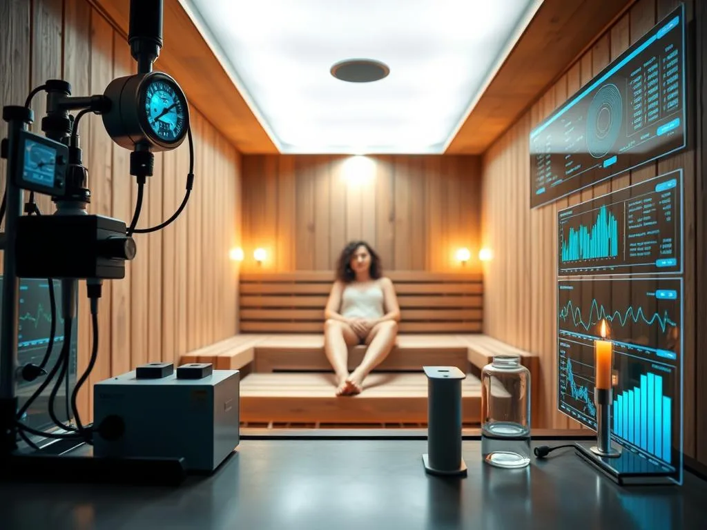Uma mulher está sentada num banco de madeira numa sala equipada com aparelhos modernos de monitorização médica e mostradores digitais que mostram vários dados e gráficos, reminiscentes da energia revigorante encontrada nas saunas que prometem vitalidade.