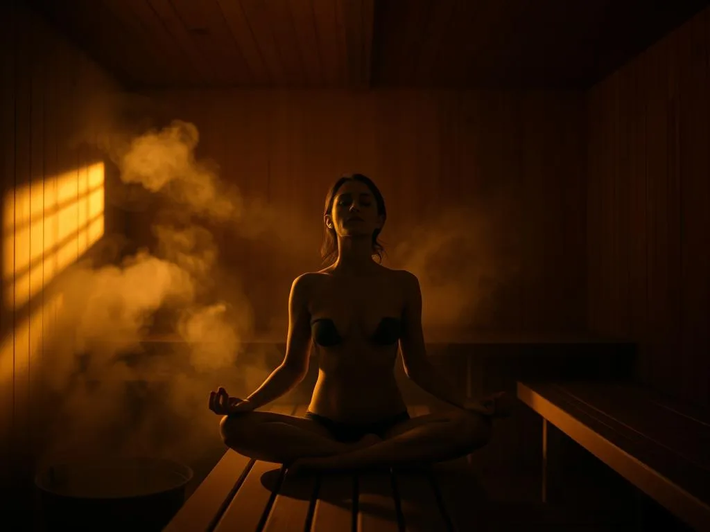 Numa sauna tenuemente iluminada, envolta em vapor, uma pessoa está sentada com as pernas cruzadas, olhos fechados e mãos apoiadas sobre os joelhos, abraçando o caminho meditativo para revitalizar a vitalidade sexual.