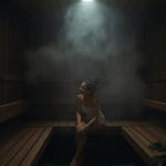 Uma mulher enrolada numa toalha está sentada numa sauna de madeira com pouca iluminação, o vapor rodopiando em seu redor, enquanto envolve-se sem calor revigorante que potencia a vitalidade sexual.