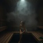 Uma mulher enrolada numa toalha está sentada numa sauna de madeira com pouca iluminação, o vapor rodopiando em seu redor, enquanto envolve-se sem calor revigorante que potencia a vitalidade sexual.