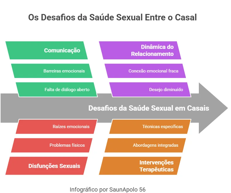 A infografia intitulada "Os Desafios da Saúde Sexual Entre o Casal" enumera desafios como barreiras, raízes emocionais e técnicas específicas. Contém blocos coloridos e uma seta.