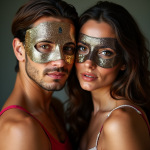 Casal praticante de lifestyle swinger , um duo com máscaras douradas e estendidas e camisolas sem mangas, posam juntos contra um fundo neutro.