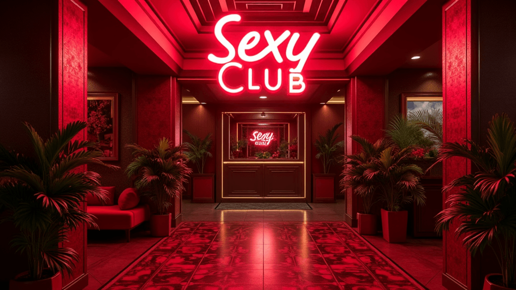 Entrada para um clube com um letreiro em néon exibindo "Sexy Club" em letras vermelhas e arrojadas, carregado por plantas e decoração vermelha, a atmosfera é reminiscente de clubes de swing exclusivos, criando um ambiente convidativo. Entrada para um clube com um letreiro em néon exibindo "Sexy Club" em letras vermelhas e arrojadas, carregado por plantas e decoração vermelha, a atmosfera é reminiscente de clubes de swing exclusivos, criando um ambiente convidativo.