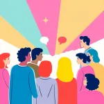 Uma ilustração de diversas pessoas a enfrentarem raios coloridos e balões de fala, simbolizando comunicação, conexão e consciencialização sobre saúde mental na comunidade LGBT.