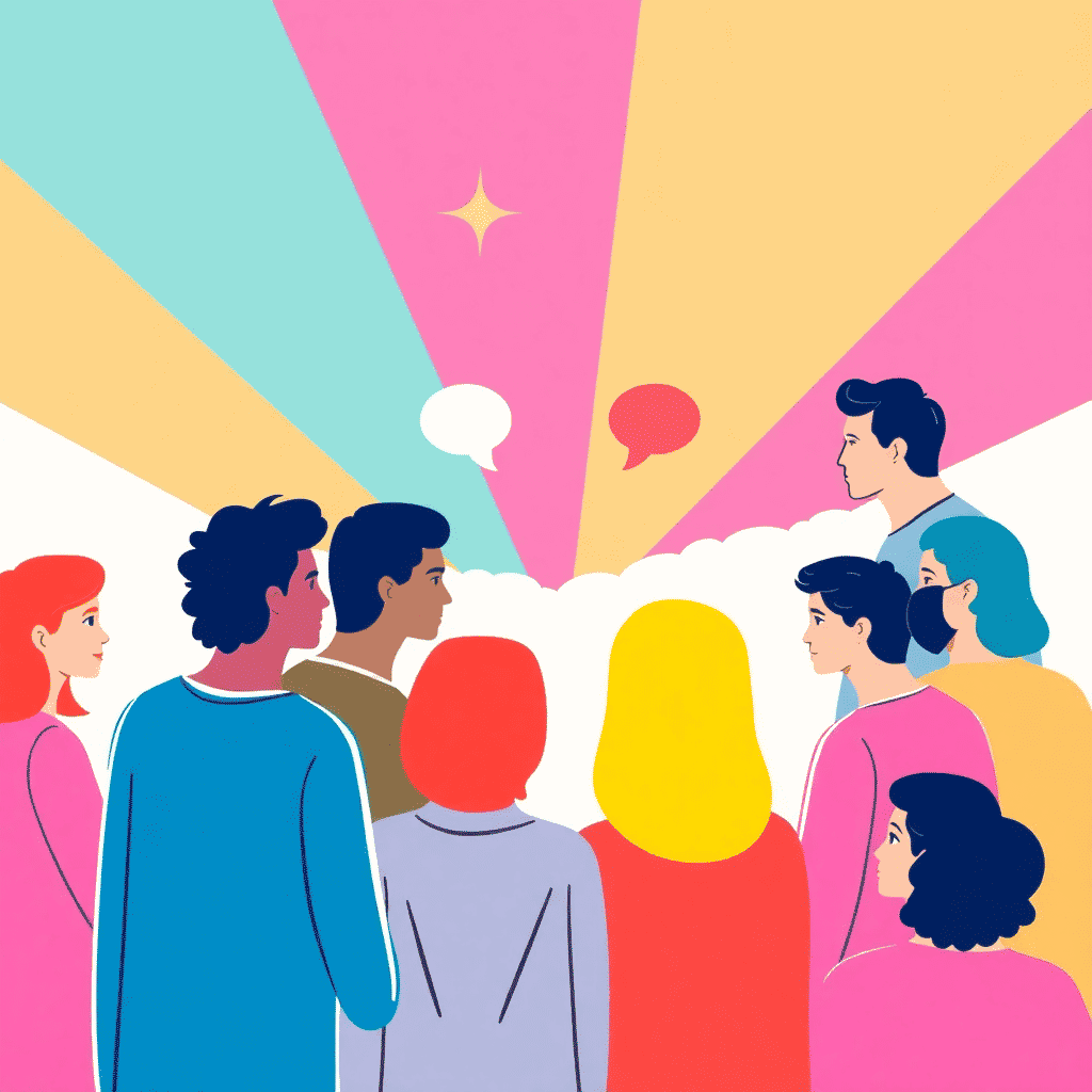 Uma ilustração de diversas pessoas a enfrentarem raios coloridos e balões de fala, simbolizando comunicação, conexão e consciencialização sobre saúde mental na comunidade LGBT.