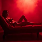 Uma mulher em lingerie preta reclina-se languidamente sobre uma chaise longue, iluminada por uma luz vermelha dramática e envolta numa atmosfera enevoada, evocando o fascínio dos fetiches nos clubes swinguer.
