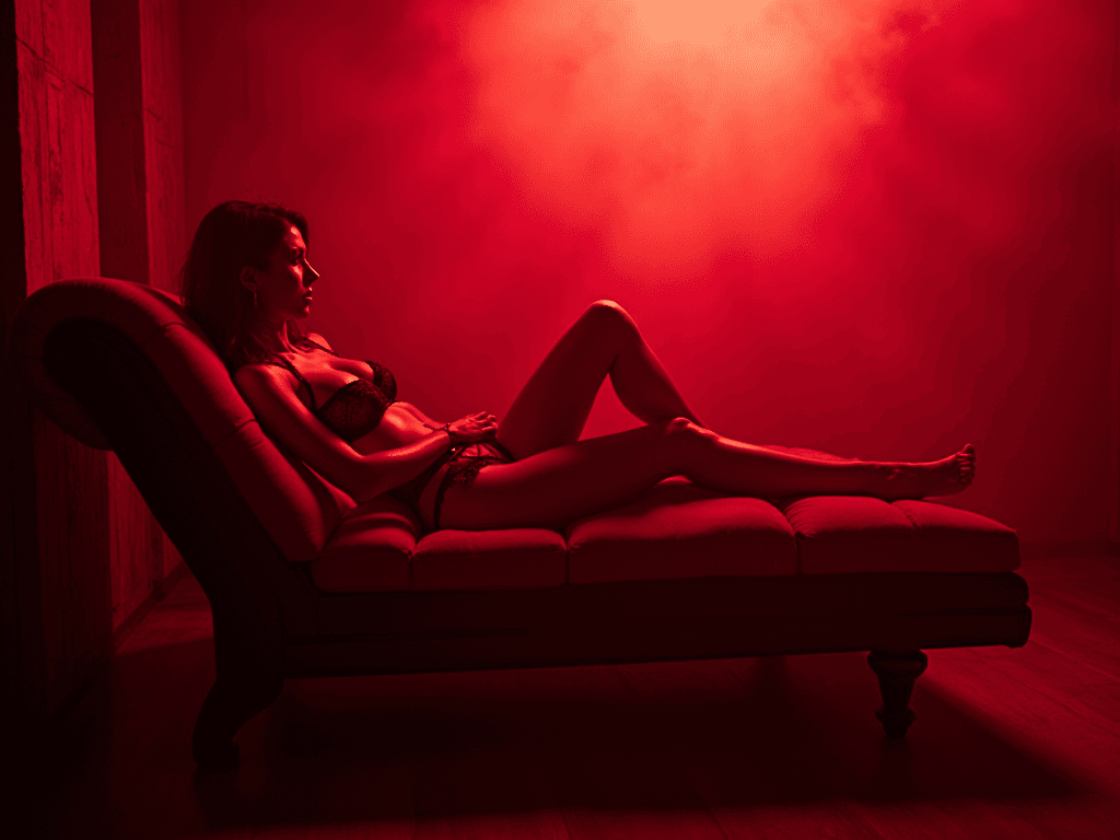 Uma mulher em lingerie preta reclina-se languidamente sobre uma chaise longue, iluminada por uma luz vermelha dramática e envolta numa atmosfera enevoada, evocando o fascínio dos fetiches nos clubes swinguer.