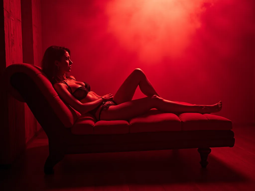 Uma mulher em lingerie preta reclina-se languidamente sobre uma chaise longue, iluminada por uma luz vermelha dramática e envolta numa atmosfera enevoada, evocando o fascínio dos fetiches nos clubes swinguer.