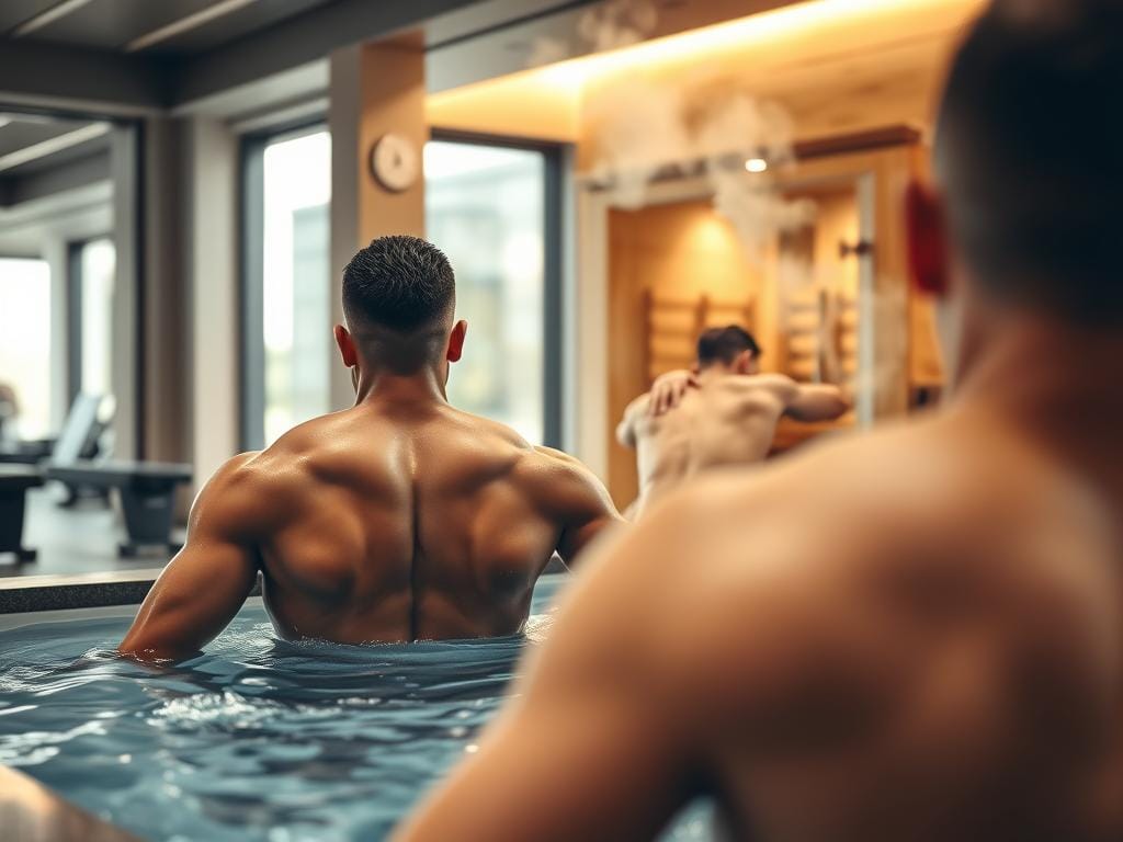 Uma sessão de terapia de contraste a decorrer numa sala de ginásio moderna e bem equipada. Em primeiro plano, um atleta está submerso numa banheira de imersão em água fria, com os músculos visivelmente tensos e tonificados. O meio do quadro mostra um massagista a amassar gentilmente as costas de outro atleta, ajudando na recuperação muscular. No fundo, uma sauna com vapor a sair suavemente, representando o componente de terapia térmica. A iluminação quente e natural projeta um suave brilho, realçando a atmosfera terapêutica. A cena geral transmite os benefícios da terapia de contraste para atletas de elite, promovendo uma melhor circulação, redução da inflamação e aceleração da recuperação muscular. Uma sessão de terapia de contraste a decorrer numa ginásio moderno e bem equipado. Em primeiro plano, um atleta está submerso num tanque de imersão em água fria, os seus músculos visivelmente tensos e tonificados. O plano intermédio mostra um massagista a amassar suavemente as costas de outro atleta, ajudando na recuperação muscular. Ao fundo, uma sauna com vapor a billowar suavemente, representando o componente da terapia de calor. Uma iluminação quente e natural projeta um suave brilho, destacando a atmosfera terapêutica. A cena geral transmite os benefícios da terapia de contraste para atletas de elite, promovendo a melhoria da circulação, a redução da inflamação e a aceleração da recuperação muscular.