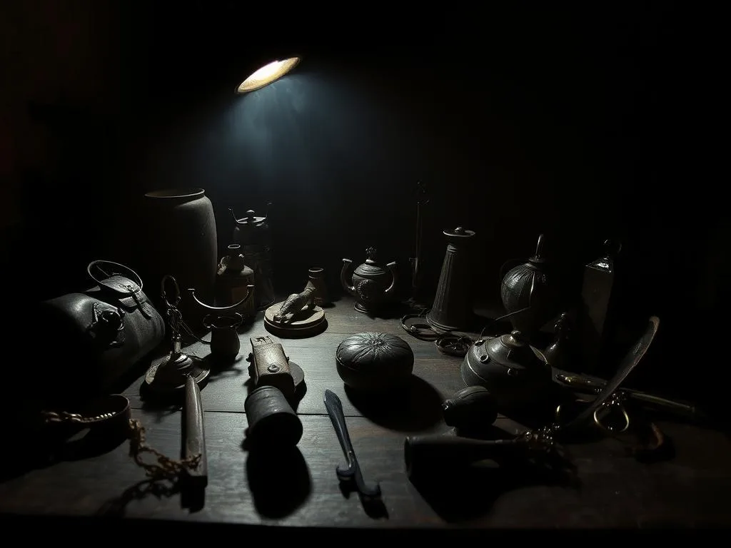 Uma atmosfera escura e misteriosa permeia a cena, com uma gama de objectos fetichistas incomuns e levemente inquietantes dispostos em primeiro plano. Couro, metal e formas obscuras projectam longas sombras, criando um sentido de intriga e do inesperado. No plano médio, a iluminação é sombria e dramática, destacando os itens esotéricos e sugerindo a sua finalidade. O fundo está envolto num véu de sombras, acrescentando à aura de segredo e ao sentido de que este é um mundo oculto e privado. A composição geral é equilibrada e visualmente cativante, atraindo o espectador a explorar os fetiches únicos e não convencionais em exibição.