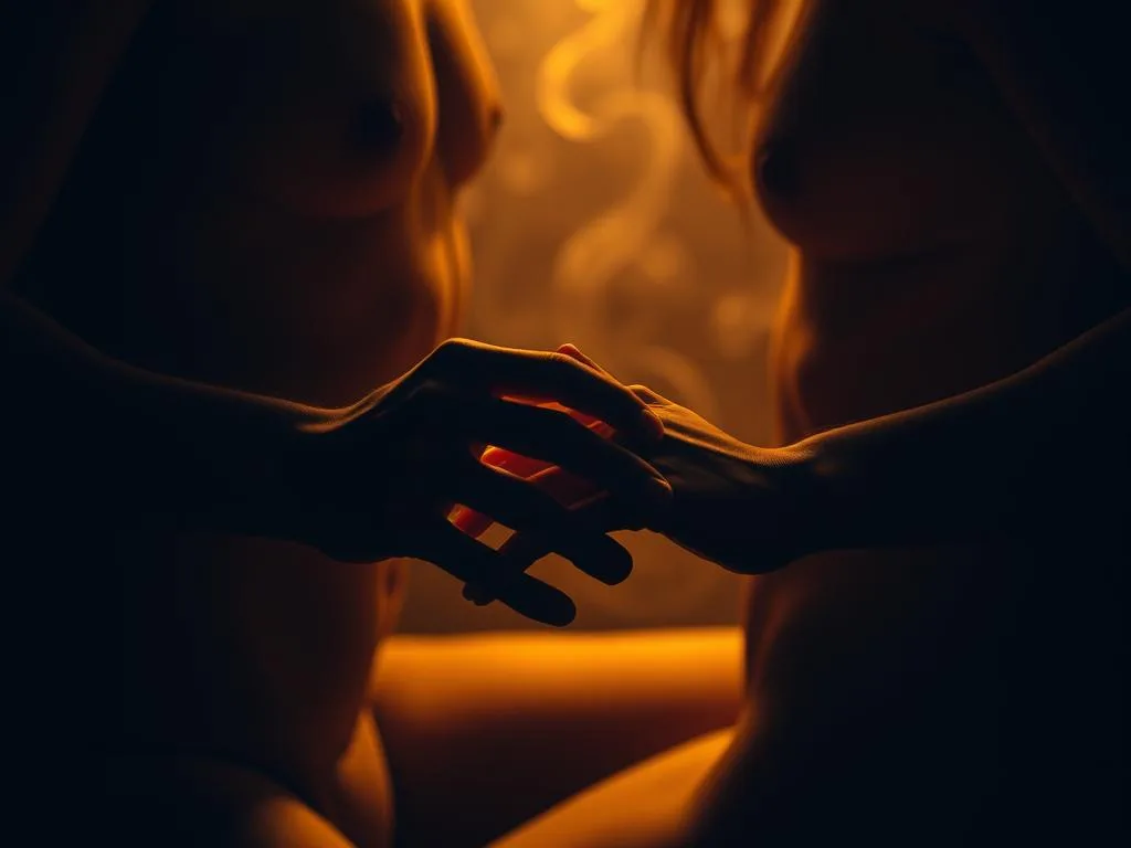 Um espaço intimista, fracamente iluminado, onde duas figuras exploram os limites dos seus desejos. Uma luz suave e sensual projeta um brilho quente, acentuando as curvas e texturas da cena. Em primeiro plano, um par de mãos entrelaçadas, dedos a traçar padrões delicados, insinuando o complexo jogo entre fetiche e fantasia. O fundo é um reino nebuloso e onírico, sugerindo as profundezas psicológicas e emocionais da experiência. A composição é equilibrada, criando uma sensação de sensualidade e mistério, convidando o espectador a envolver-se com as nuances da sexualidade humana.