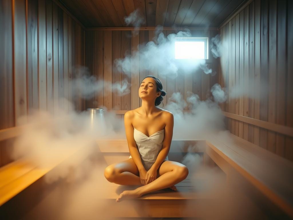 Um interior de sauna sereno, com vapor a subir e luz a filtrarse através das ripas de madeira. No centro, uma pessoa senta-se num banco, experimentando o contraste de quente e frio – uma mulher imersa na terapia térmica, o rosto e o corpo relaxados, olhos fechados enquanto abraça a sensação. A cena é capturada com uma lente média-larga, enfatizando a atmosfera tranquila e a introspecção focada do sujeito. Uma luz suave e quente ilumina o espaço, lançando sombras suaves e destacando as texturas naturais da madeira. O ambiente geral é de bem-estar, relaxamento e os benefícios terapêuticos do contraste térmico da sauna. Um interior de sauna serena, com vapor a subir e luz a filtrar-se através das tábuas de madeira. No centro, uma pessoa senta-se num banco, experienciando o contraste entre o quente e o frio - uma mulher imersa na terapia térmica, o rosto e o corpo relaxados, os olhos fechados enquanto abraça a sensação. A cena é capturada com uma lente de média-angular, enfatizando a atmosfera tranquila e a introspecção focada do sujeito. Uma luz suave e quente ilumina o espaço, lançando sombras suaves e destacando as texturas naturais da madeira. O clima geral é de bem-estar, relaxamento, e os benefícios terapêuticos do contraste térmico da sauna.