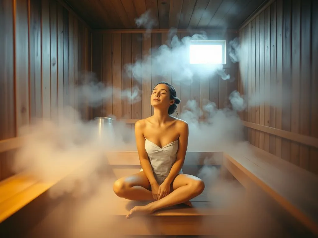 Um interior de sauna sereno, com vapor a subir e luz a filtrarse através das ripas de madeira. No centro, uma pessoa senta-se num banco, experimentando o contraste de quente e frio – uma mulher imersa na terapia térmica, o rosto e o corpo relaxados, olhos fechados enquanto abraça a sensação. A cena é capturada com uma lente média-larga, enfatizando a atmosfera tranquila e a introspecção focada do sujeito. Uma luz suave e quente ilumina o espaço, lançando sombras suaves e destacando as texturas naturais da madeira. O ambiente geral é de bem-estar, relaxamento e os benefícios terapêuticos do contraste térmico da sauna. Um interior de sauna serena, com vapor a subir e luz a filtrar-se através das tábuas de madeira. No centro, uma pessoa senta-se num banco, experienciando o contraste entre o quente e o frio - uma mulher imersa na terapia térmica, o rosto e o corpo relaxados, os olhos fechados enquanto abraça a sensação. A cena é capturada com uma lente de média-angular, enfatizando a atmosfera tranquila e a introspecção focada do sujeito. Uma luz suave e quente ilumina o espaço, lançando sombras suaves e destacando as texturas naturais da madeira. O clima geral é de bem-estar, relaxamento, e os benefícios terapêuticos do contraste térmico da sauna.