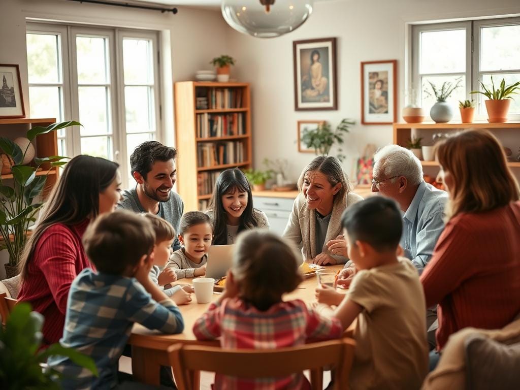 Uma família multigeracional encontra-se sentada em redor de uma mesa numa sala de estar luminosa, conversando animadamente e sorrindo em conjunto, promovendo a compreensão e o apoio mútuo, de modo semelhante ao Apoio Psicológico LGBTI em Lisboa. Uma família multigeracional encontra-se sentada em redor de uma mesa numa sala de estar luminosa, conversando animadamente e sorrindo em conjunto, promovendo a compreensão e o apoio mútuo, de modo semelhante ao Apoio Psicológico LGBTI em Lisboa.