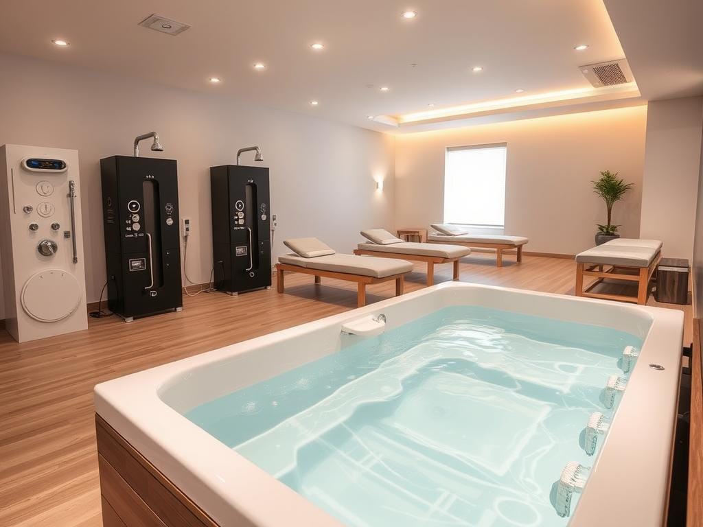 Uma sala bem iluminada e moderna, equipada com uma gama de aparelhos especializados para terapia de contraste. Em primeiro plano, uma grande banheira de hidromassagem cheia de água nítida e clara. Ao lado, uma fila de unidades de duche de contraste de alta tecnologia com controles de temperatura e pressão ajustáveis. No meio, várias cadeiras reclináveis e mesas de massagem equipadas com almofadas de aquecimento infravermelho. O fundo exibe uma decoração minimalista e semelhante a um spa, com tons neutros suaves, Acabamentos em madeira natural e iluminação suave e difusa. A atmosfera geral exala uma sensação de tranquilidade e bem-estar, convidando os visitantes a imergirem nos poderes restauradores da terapia de contraste. Uma sala moderna e bem iluminada, apresentando uma gama de equipamentos especializados para terapia de contraste. No primeiro plano, uma grande banheira de hidromassagem cheia de água cristalina e limpa. Ao lado, uma fila de unidades de chuveiro de alta tecnologia com controles de temperatura e pressão ajustáveis. Ao fundo, várias espreguiçadeiras e mesas de massagem equipadas com almofadas de aquecimento infravermelho. O fundo exibe uma decoração minimalista, semelhante a um spa, com tons neutros suaves, acabamentos em madeira natural e iluminação suave e difusa. A atmosfera geral exala um sentido de tranquilidade e bem-estar, convidando os visitantes a mergulharem nos poderes restauradores da terapia de contraste.