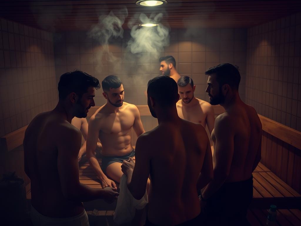 Cinco homens em fatos de banho sentam-se e estão de pé dentro de uma sauna repleta de vapor, envoltos por uma luz quente, enquanto conversam entre si, explorando temas como a bicuriosidade masculina e a bissexualidade masculina. Cinco homens em fatos de banho sentam-se e estão de pé dentro de uma sauna repleta de vapor, envoltos por uma luz quente, enquanto conversam entre si, explorando temas como a bicuriosidade masculina e a bissexualidade masculina.