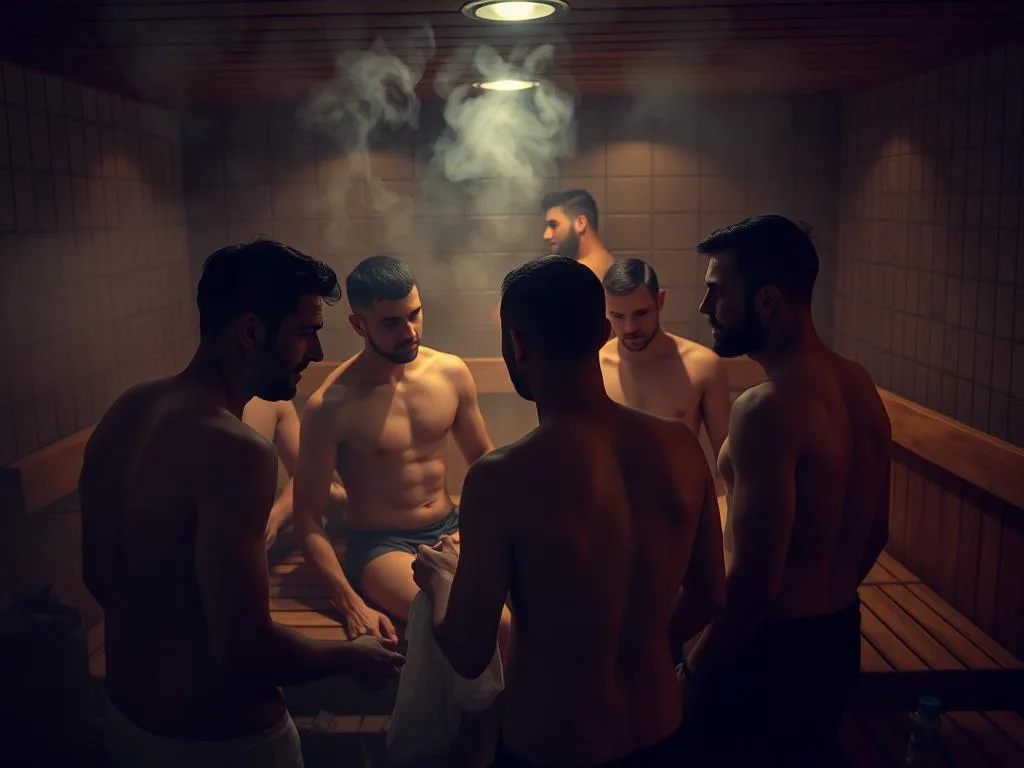 Cinco homens em fatos de banho sentam-se e estão de pé dentro de uma sauna repleta de vapor, envoltos por uma luz quente, enquanto conversam entre si, explorando temas como a bicuriosidade masculina e a bissexualidade masculina. Cinco homens em fatos de banho sentam-se e estão de pé dentro de uma sauna repleta de vapor, envoltos por uma luz quente, enquanto conversam entre si, explorando temas como a bicuriosidade masculina e a bissexualidade masculina.