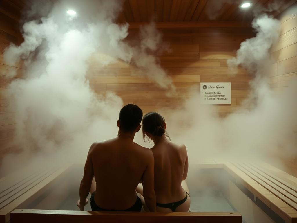 Duas pessoas em fato de banho sentaram-se lado a lado em bancos de madeira no interior de uma sauna húmida, cercados por paredes também em madeira, partilhando um momento de silêncio onde a bicuriosidade masculina e a bissexualidade masculina poderiam ser exploradas. Duas pessoas em fato de banho sentaram-se lado a lado em bancos de madeira no interior de uma sauna húmida, cercados por paredes também em madeira, partilhando um momento de silêncio onde a bicuriosidade masculina e a bissexualidade masculina poderiam ser exploradas.