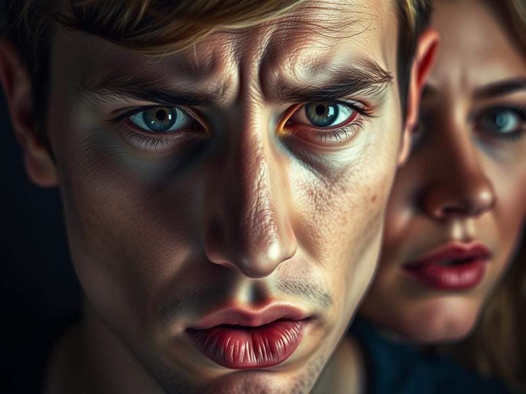 Um close-up de um homem com uma expressão séria, sobrancelhas franzidas e os lábios diminutos comprimidos, enquanto, ao fundo, uma mulher surge desfocada — imagem que sugere as subtilezas da psicologia do exibicionismo erótico. Um close-up de um homem com uma expressão séria, sobrancelhas franzidas e os lábios diminutos comprimidos, enquanto, ao fundo, uma mulher surge desfocada — imagem que sugere as subtilezas da psicologia do exibicionismo erótico.