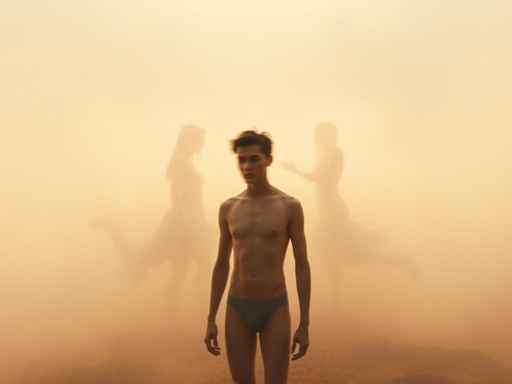 Um jovem em cuecas está de pé em primeiro plano, evocando temas de bicuriosidade masculina, com duas figuras indistintas e parcialmente visíveis ao fundo envoltas numa névoa. Um jovem em cuecas está de pé em primeiro plano, evocando temas de bicuriosidade masculina, com duas figuras indistintas e parcialmente visíveis ao fundo envoltas numa névoa.