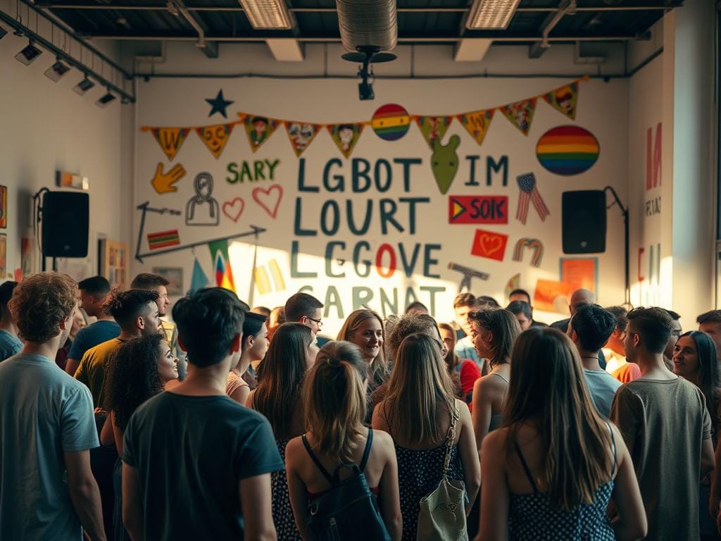 Um grupo de pessoas reúne-se no interior de um recinto, diante de faixas e decorações coloridas com temática LGBTQ, durante um evento comunitário dedicado à celebração da bicuriosidade masculina e da bissexualidade masculina. Um grupo de pessoas reúne-se no interior de um recinto, diante de faixas e decorações coloridas com temática LGBTQ, durante um evento comunitário dedicado à celebração da bicuriosidade masculina e da bissexualidade masculina.