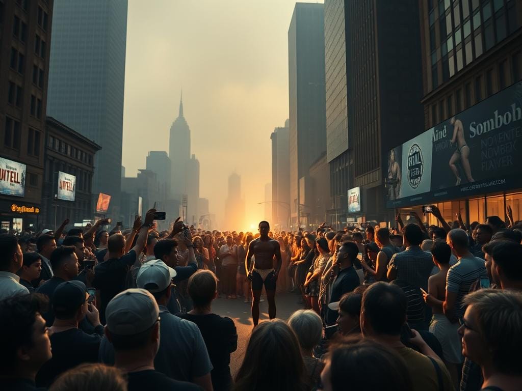 Uma multidão reúne-se numa rua citadina ao entardecer, rodeando uma pessoa no centro, enquanto edifícios altos e uma luz do sol enevoada compõem o cenário — numa atmosfera que reflete a psicologia do exibicionismo erótico. Uma multidão reúne-se numa rua citadina ao entardecer, rodeando uma pessoa no centro, enquanto edifícios altos e uma luz do sol enevoada compõem o cenário — numa atmosfera que reflete a psicologia do exibicionismo erótico.