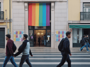 Pessoas passam diante de um edifício que ostenta uma grande bandeira arco-íris do orgulho e um letreiro "LGBTI" sobre a entrada; cartazes nas paredes promovem Apoio Psicológico LGBTI em Lisboa – Encontre Ajuda.