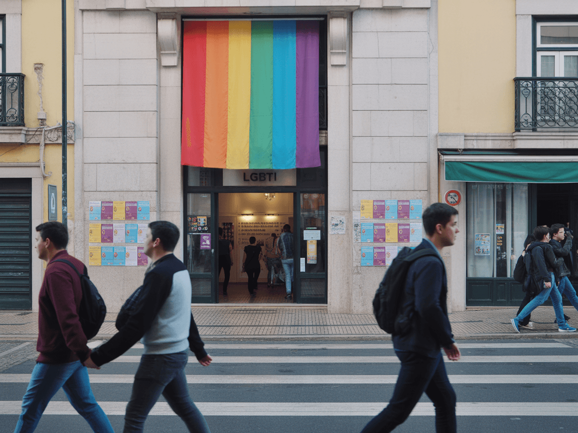 Pessoas passam diante de um edifício que ostenta uma grande bandeira arco-íris do orgulho e um letreiro "LGBTI" sobre a entrada; cartazes nas paredes promovem Apoio Psicológico LGBTI em Lisboa – Encontre Ajuda.