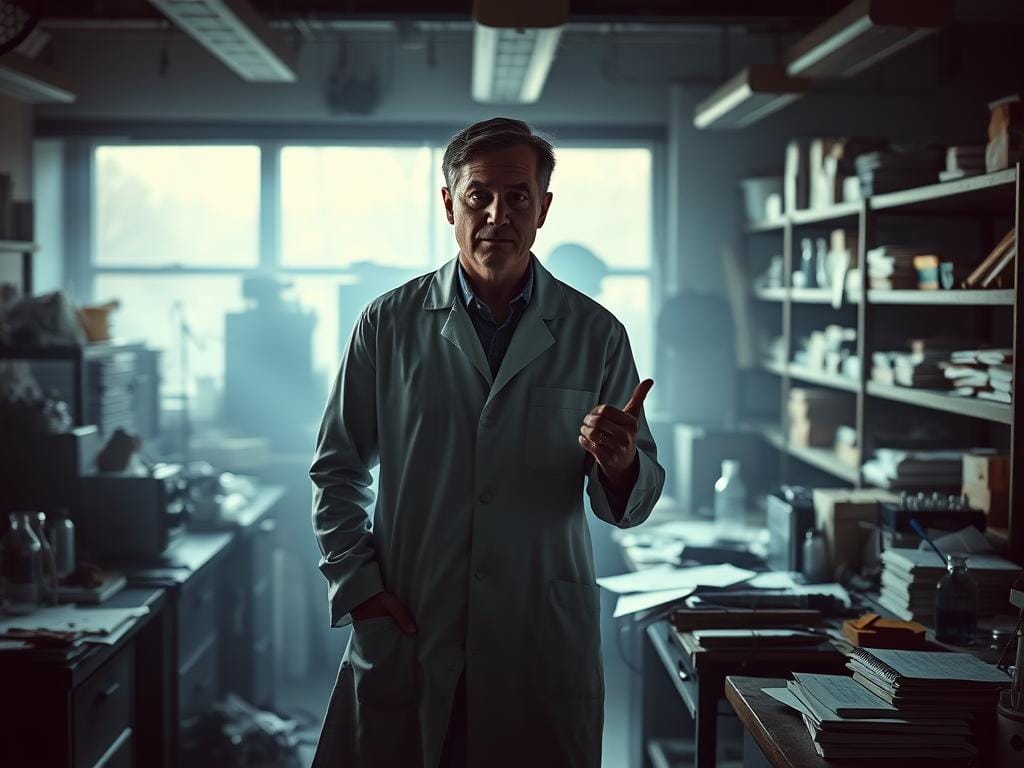 Um homem de bata branca encontra-se num laboratório desarrumado, voltado para a câmara, tendo atrás de si prateleiras cheias de livros e equipamentos que refletem o seu interesse pela psicologia do exibicionismo erótico. Um homem de bata branca encontra-se num laboratório desarrumado, voltado para a câmara, tendo atrás de si prateleiras cheias de livros e equipamentos que refletem o seu interesse pela psicologia do exibicionismo erótico.