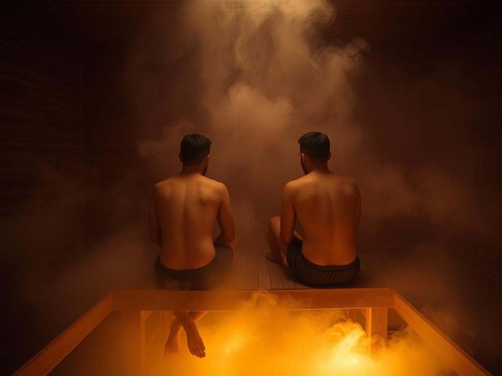 Dois homens estão sentados lado a lado num banco de madeira numa sauna cheia de vapor, com toalhas enroladas à cintura, enquanto uma luz quente e alaranjada ilumina o ambiente-um momento íntimo frequentemente associado à bicuriosidade masculina nas saunas.