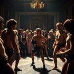 Cinco homens, trajando vestes mínimas, dispõem-se em círculo e preparam-se para lutar, enquanto uma multidão observa atentamente numa sala ornamentada de briga iluminada com lustres — uma cena intensa que reflete a psicologia do exibicionismo erótico.