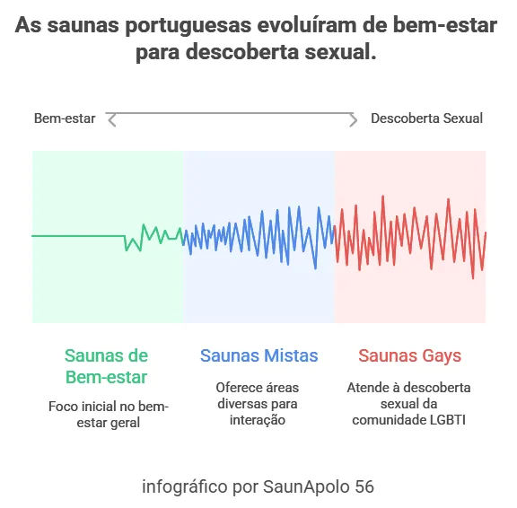 O infográfico evidencia a evolução das saunas portuguesas: inicialmente centradas no bem-estar, seguiram-se as saunas mistas, culminando em espaços que exploram a bicuriosidade e a bissexualidade masculinas no âmbito da comunidade LGBTI. O infográfico evidencia a evolução das saunas portuguesas: inicialmente centradas no bem-estar, seguiram-se as saunas mistas, culminando em espaços que exploram a bicuriosidade e a bissexualidade masculinas no âmbito da comunidade LGBTI.
