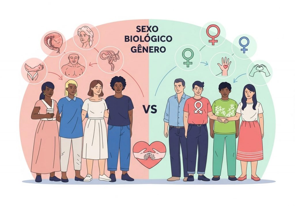 Ilustração comparativa entre sexo biológico, representado com símbolos anatômicos, e gênero - incluindo Sexualidade Fluida - representado com símbolos de identidade, apresentando diversas pessoas a posicionarem-se sob cada categoria. Ilustração comparativa entre sexo biológico, representado com símbolos anatômicos, e gênero - incluindo Sexualidade Fluida - representado com símbolos de identidade, apresentando diversas pessoas a posicionarem-se sob cada categoria.