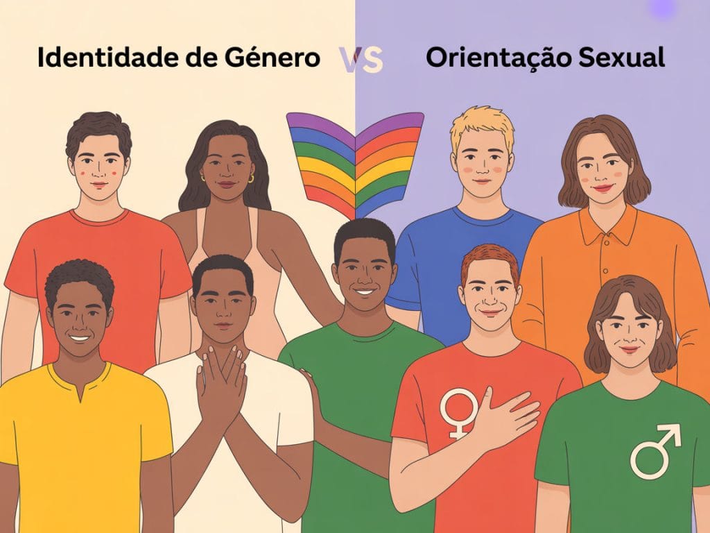 Ilustração de diversas pessoas, divididas em dois grupos sob os títulos "Identidade de Gênero" e "Orientação Sexual", com um símbolo arco-íris ao centro a representar Sexualidade Fluida. Ilustração de diversas pessoas, divididas em dois grupos sob os títulos "Identidade de Gênero" e "Orientação Sexual", com um símbolo arco-íris ao centro a representar Sexualidade Fluida.