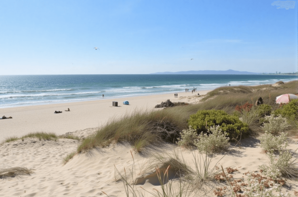 A Praia 19 na Costa de Caparica. Praia de areia com vegetação dispersa, pessoas a passear e repousar junto ao mar de ondas suaves, montanhas ao fundo e céu azul. A Praia 19 na Costa de Caparica. Praia de areia com vegetação dispersa, pessoas a passear e repousar junto ao mar de ondas suaves, montanhas ao fundo e céu azul.