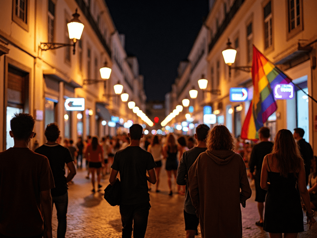 Uma multidão caminha por uma rua de Lisboa bem iluminada à noite, com uma bandeira arco-íris do orgulho visível entre as pessoas. Uma multidão caminha por uma rua de Lisboa bem iluminada à noite, com uma bandeira arco-íris do orgulho visível entre as pessoas.