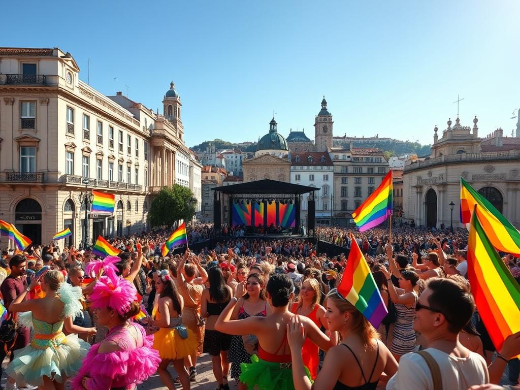 Uma cena vibrante e animada do Arraial Pride Lisboa, um festival cultural LGBTQ+ querido no coração da capital portuguesa. O primeiro plano apresenta um desfile colorido com dançarinos disfarçados, bandeiras acenando e foliões alegres. No plano intermédio, um palco grande está montado, rodeado por uma multidão de espectadores entusiastas. O fundo mostra a arquitetura deslumbrante de Lisboa, com edifícios históricos e marcos proporcionando um cenário pitoresco. A iluminação é quente e convidativa, capturando a atmosfera festiva. A composição geral transmite uma sensação de comunidade, diversidade e orgulho, captando perfeitamente a essência da cultura e dos eventos LGBTQ+ nesta cidade vibrante. Uma cena vibrante e animada do Arraial Pride Lisboa, um festival cultural LGBTQ+ querido no coração da capital portuguesa. O primeiro plano apresenta um desfile colorido com dançarinos disfarçados, bandeiras acenando e foliões alegres. No plano intermédio, um palco grande está montado, rodeado por uma multidão de espectadores entusiastas. O fundo mostra a arquitetura deslumbrante de Lisboa, com edifícios históricos e marcos proporcionando um cenário pitoresco. A iluminação é quente e convidativa, capturando a atmosfera festiva. A composição geral transmite uma sensação de comunidade, diversidade e orgulho, captando perfeitamente a essência da cultura e dos eventos LGBTQ+ nesta cidade vibrante.