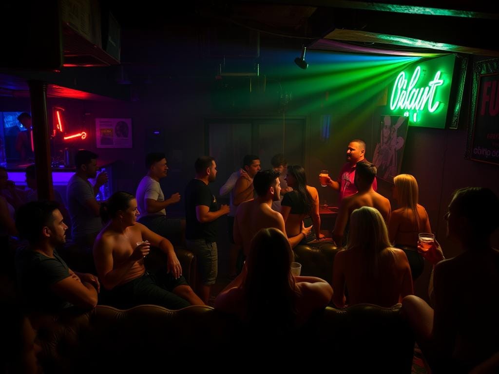 Um grupo de pessoas num bar ou clube pouco iluminado em Lisboa assiste a atividades queer noturnas sob luzes néon verdes, bebidas na mão. Um grupo de pessoas num bar ou clube pouco iluminado em Lisboa assiste a atividades queer noturnas sob luzes néon verdes, bebidas na mão.
